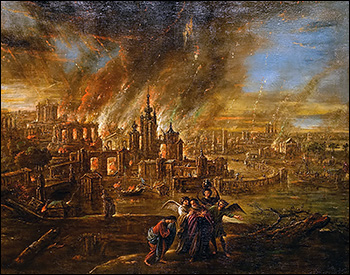 Sodom and Gomorrah afire, painting by Jacob de Wet II, 1680.
