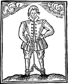 Woodcut of Thomas Nashe in leg irons, c1597