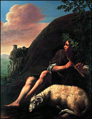 Pastoral: Shepherd with a lute and sheep.